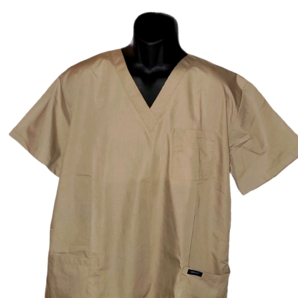 Dagacci NEW Khaki Colored Short Sleeve Pull Over V-Neck Scrub Top 540 - Picture 2 of 5